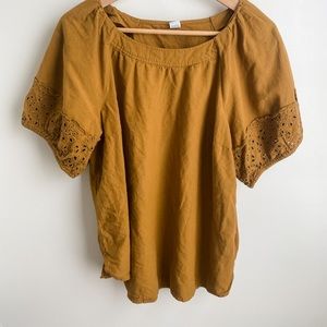 Old Navy Lace Sleeves Mustard Yellow Sz L Peasant Blouse Boho GUC